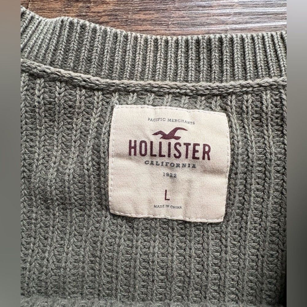 HOLLISTER cold shoulder olive green ribbed knit cotton sweater sz L cute casual - Picture 10 of 16